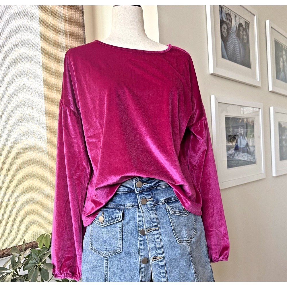Kaleidoscope Accessories‎ Pink Velvet Top Womens M 100% Cotton Puff Sleeve NWT